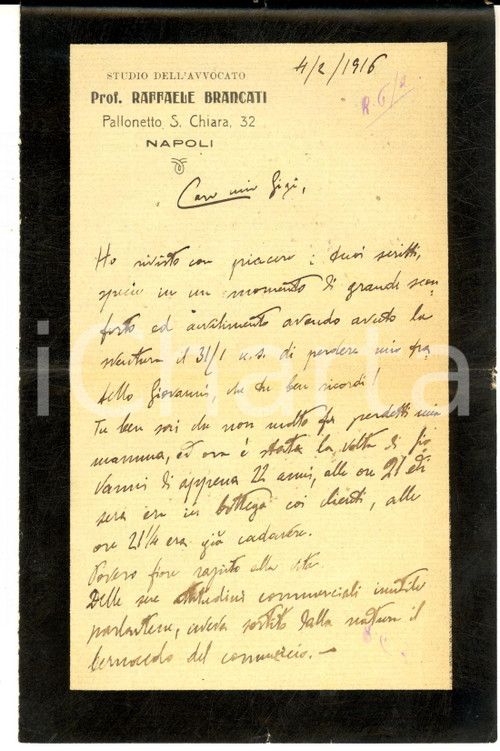 1916 NAPOLI Lettera avv. Raffaele BRANCATI in morte del fratello Giovanni Lettera su carta intestata.CONDIZIONI: FAIR (piegature d'epoca)PAGINE: 1 (2 facciate scritte) originale e autentica 1 1916 NAPOLI Lettera avv. Raffaele BRANCATI in morte del fratello Giovanni Lettera su carta intestata.CONDIZIONI: FAIR (piegature d'epoca)PAGINE: 1 (2 facciate scritte) originale e autentica 1